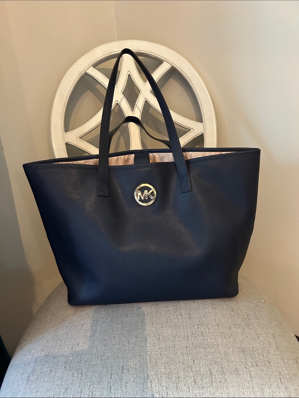 Michael Kors Navy Leather Tote with Gold MK Logo